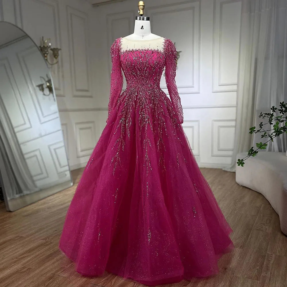 Serene Hill Muslim Pink A Line Beaded Luxury Dubai Long Evening Dresses Gowns 2024  For Woman Wedding Party LA71915