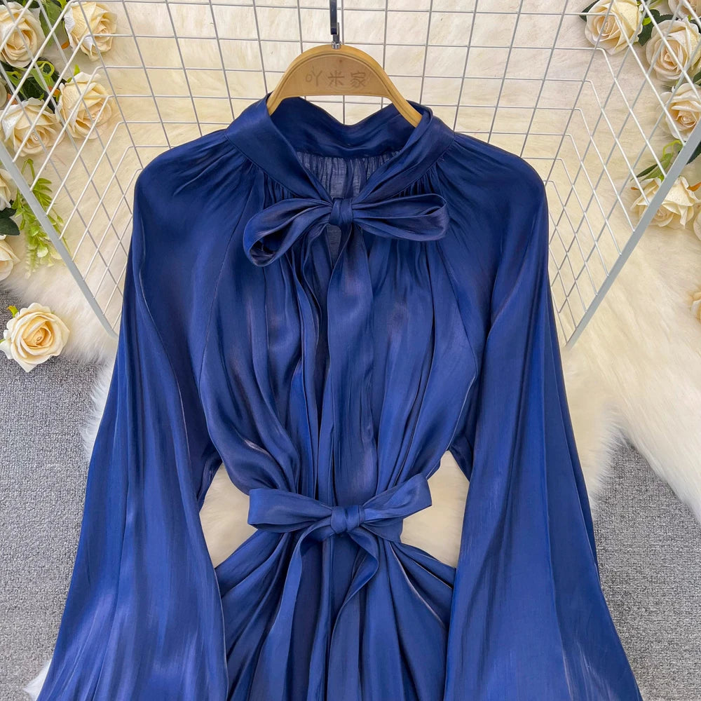 Autumn Elegant Women Fashion Party Long Dress Bow Lace Up Long Sleeve Evening Dresses A-Line Casual Vestidos One Piece Prom Robe