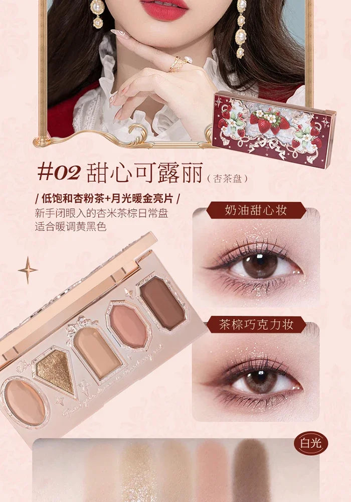 Flower Knows Strawberry Rococo Pressed Glitter Eyeshadow 5 Color Palette with Creamy Texture for Natural Makeup Eye Shadows
