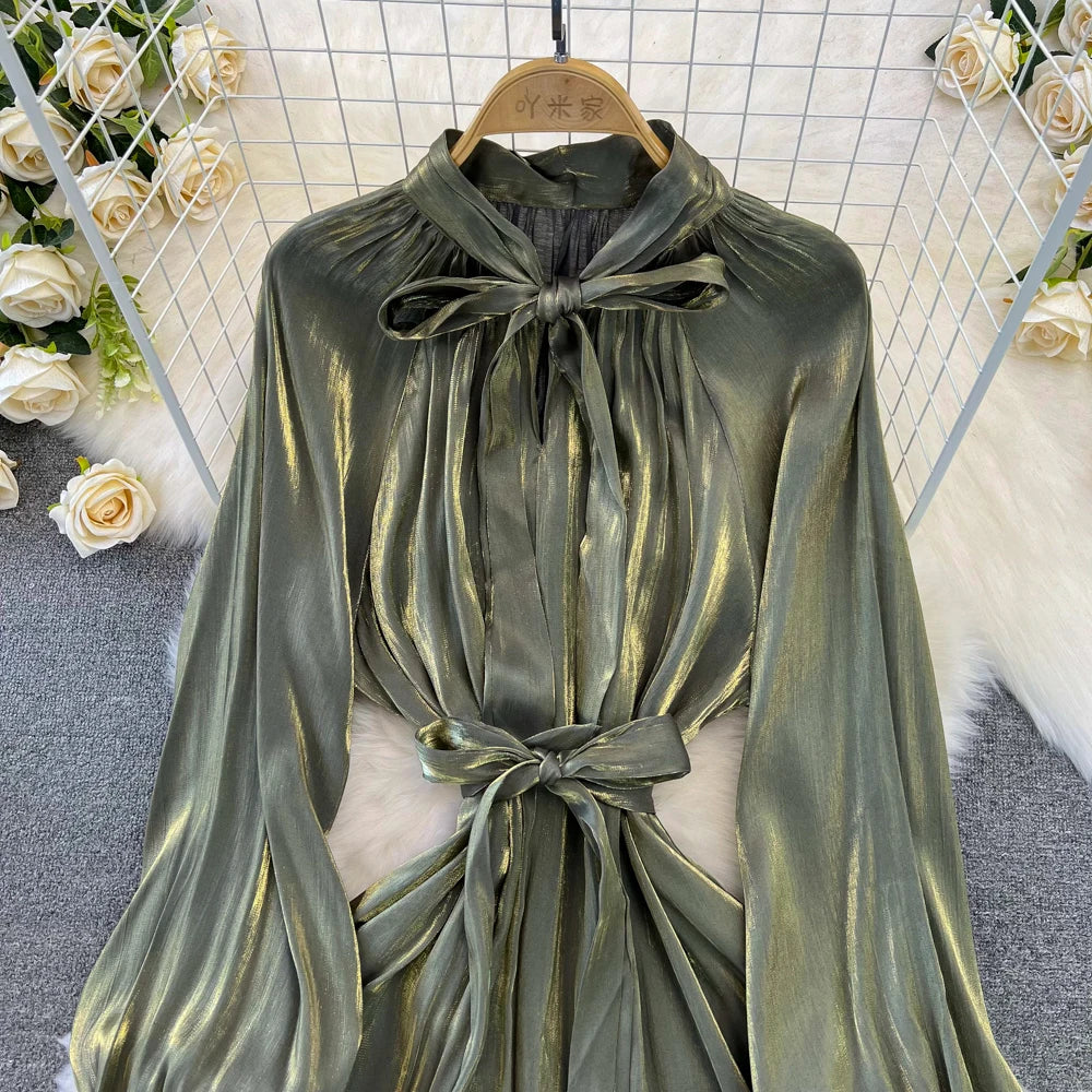 Autumn Elegant Women Fashion Party Long Dress Bow Lace Up Long Sleeve Evening Dresses A-Line Casual Vestidos One Piece Prom Robe