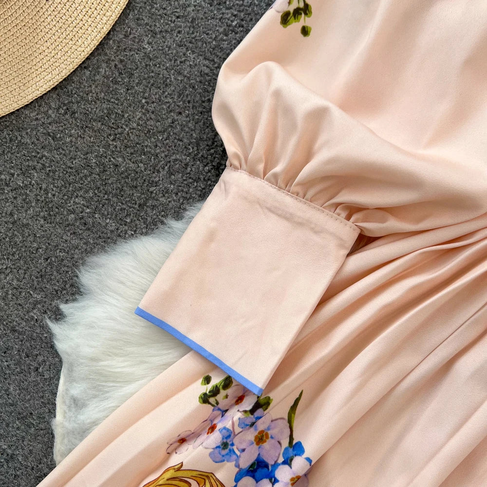 Vintage Print Elegant Lantern Long Sleeve Lapel A-line Dress Casual Women  Fashion Autumn Spring Dress