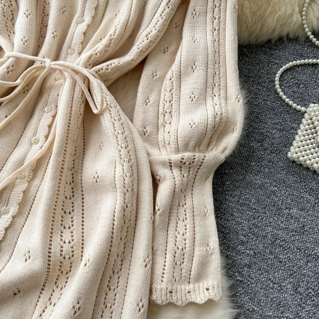 Elegant Autumn Solid Knitted Dresses for Women Sweet Hook Flower Hollow Strap A-line Korean Fashion Casual Vestidos Mujer New