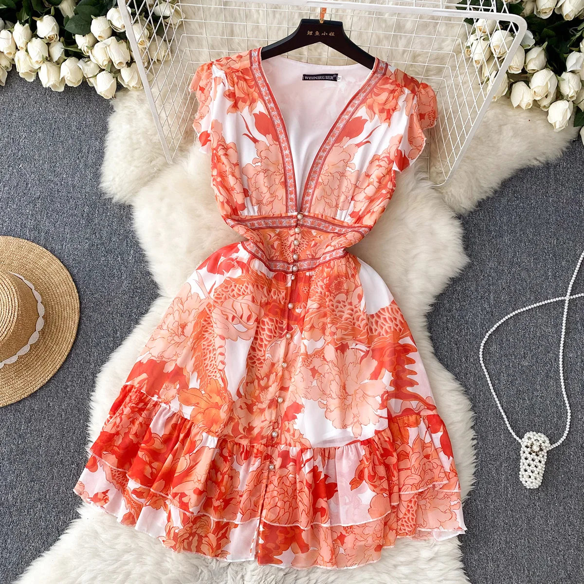 Short Dresses Women Cap Sleeve Vintage Print Chiffon Dress Faux Pearl Buttoned V Neck Ruffle Hem Wedding Elegant Party Dress