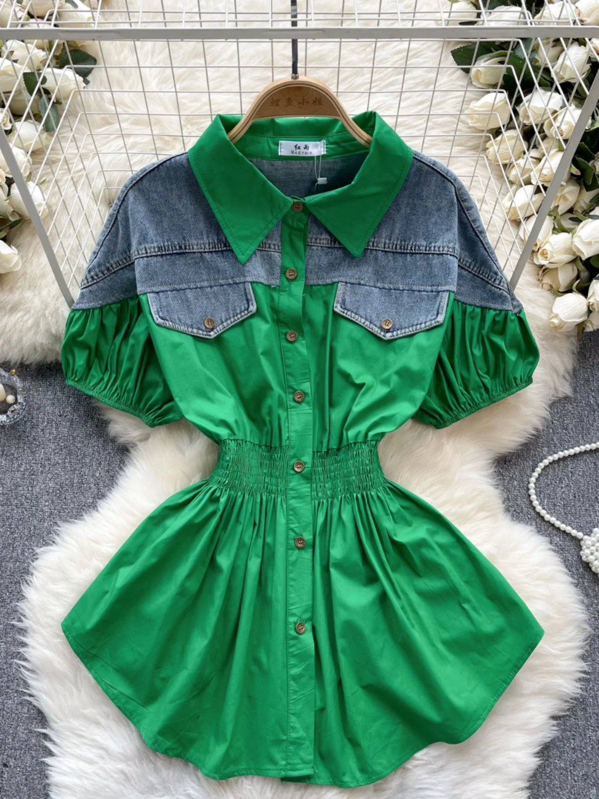 KUSAHIKI Korean Women Fashion Hit Color Patchwork Puff Sleeve Stretch Slim Waist Versatile Shirt Top 2024 Sprign Summer Blouses
