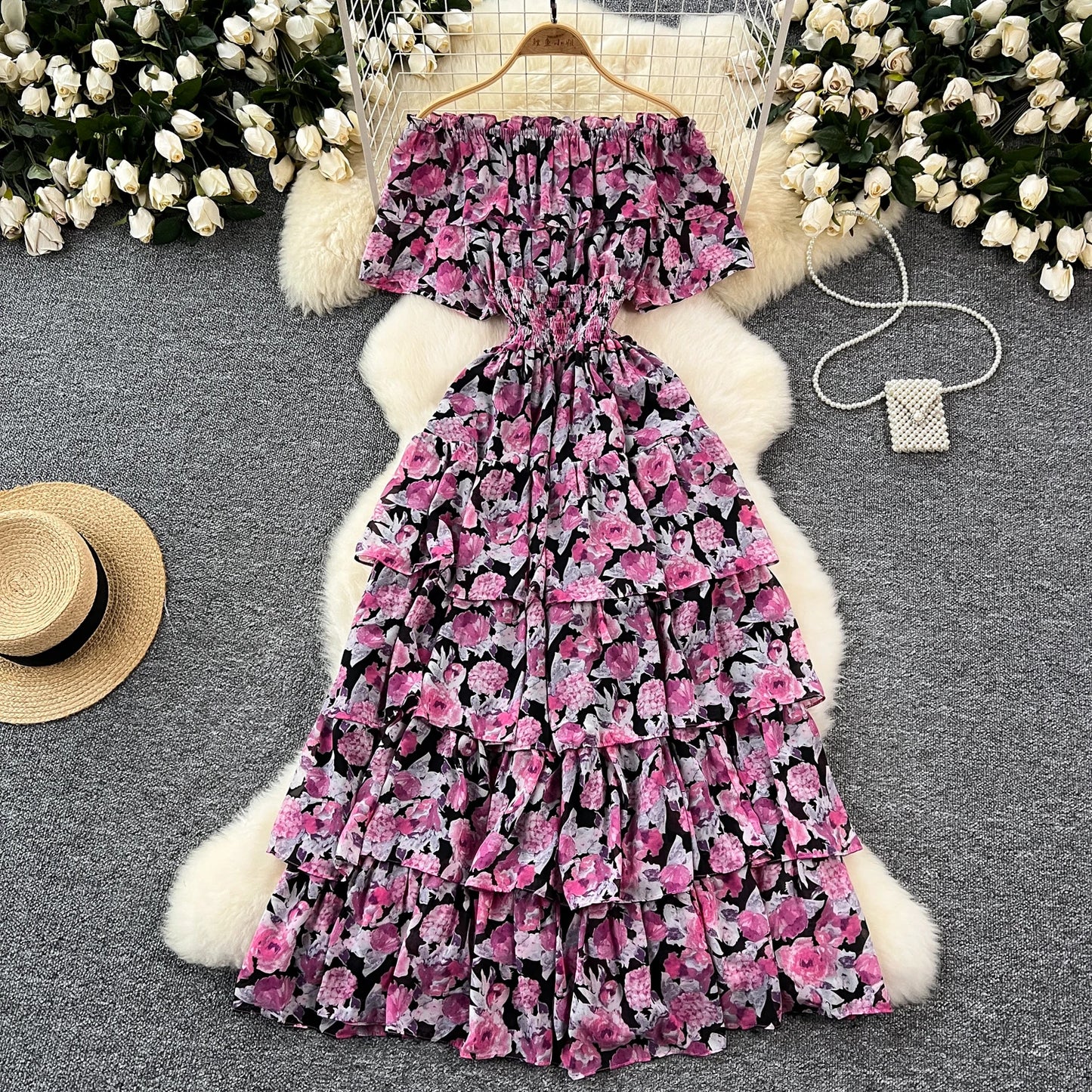 French Vintage  off shoulder short sleeve ruffle Dress Chic Casual Beach Vacation Women Summer chiffon dresses