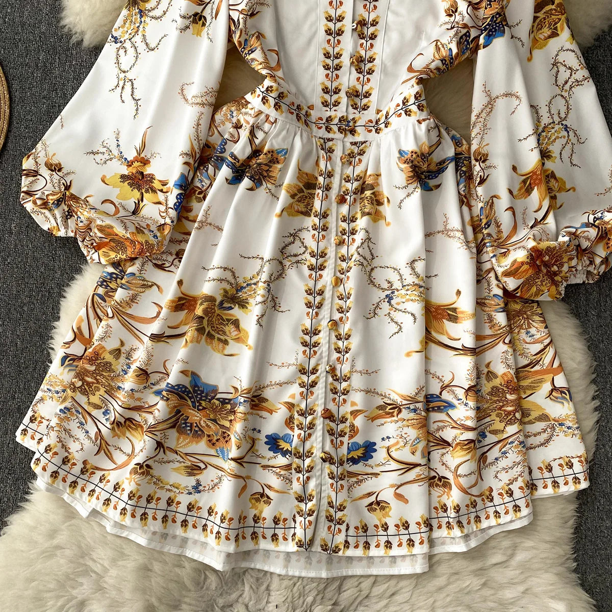 New In Dresses 2023 Fashion Women Clothing Party Elegant Vintage Print Dress Front Button Up V Neck Long Puff Sleeve Mini Dress