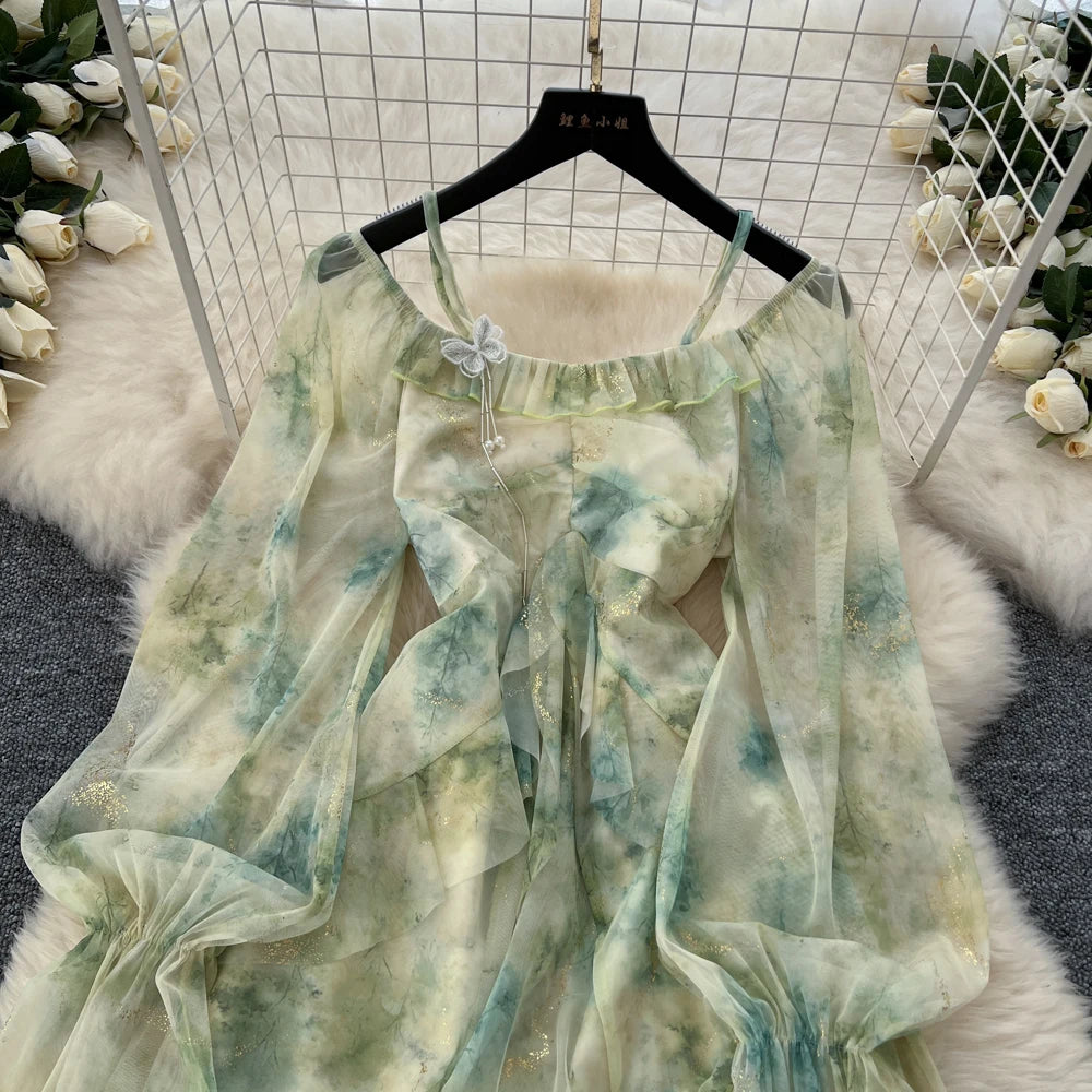 Elegant Bright Silk Print Party Dress for Women Casual Off Shoulder Spaghetti Strap Flare Sleeve Slim Waist Vestidos A-Line Robe
