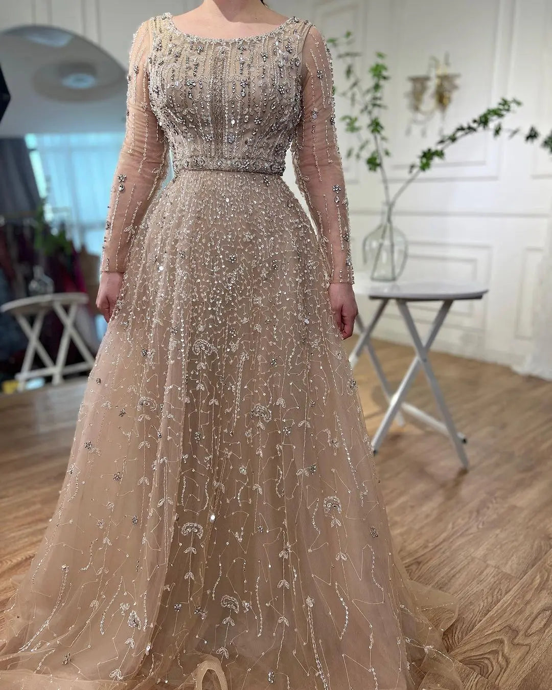 SERENE HILL Dubai Arabic Nude Designer Luxury Beaded Evening Dresses 2024 Long Sleeves Gowns For Women Wedding Party GLA72088