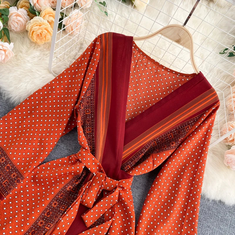 Vintage Print Elegant Puff Sleeve One Piece Dress A-line Lace-up Beach Vacation Midi Dress Women Fashion Spring Autumn Vestidos