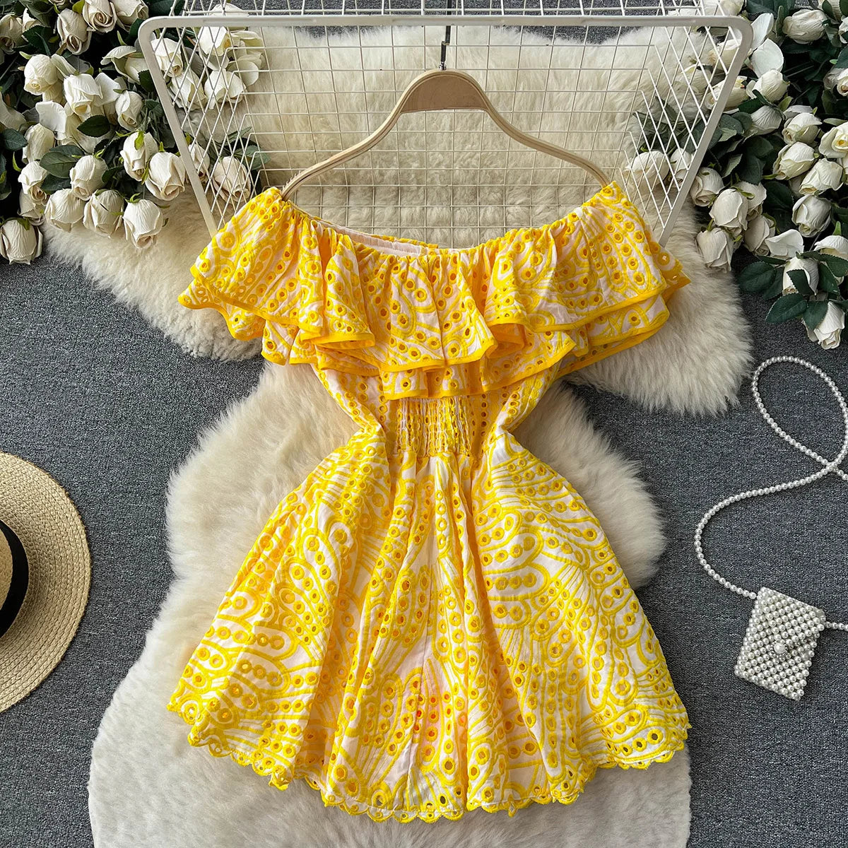 Summer Clothes For Women Ruffle Cutwork Embroidery Dress 2023 Party Sexy Off Shoulder Dress Vacation Mini Beach Dress Sundress