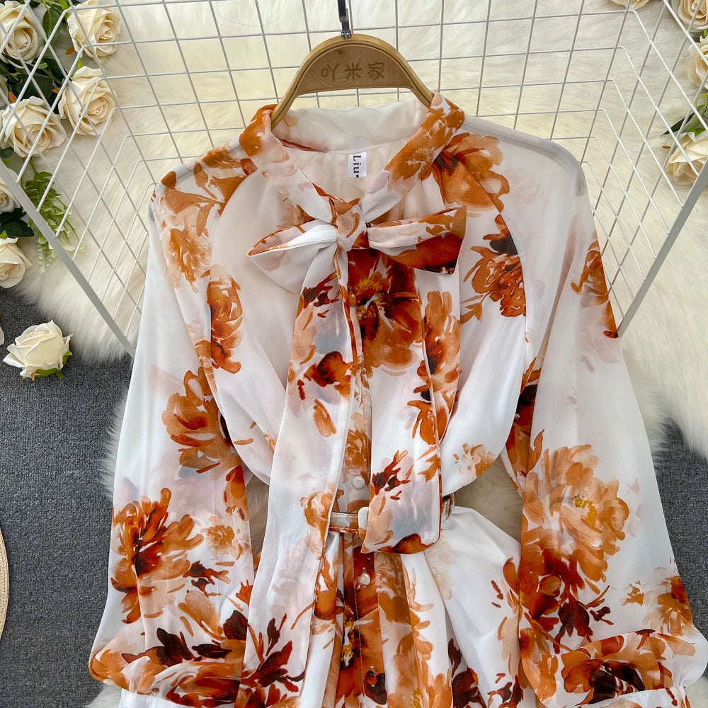 Elegant Casual Women Fashion Floral Print Long Dress Vintage Pleated A-Line Maxi Boho Beach Party Robe Female Clothes Mujers