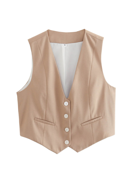 New Women Vintage V Neck Solid Color Breasted Slim Short Vest Jacket Ladies Sleeveless Casual Business WaistCoat Tops CT5002