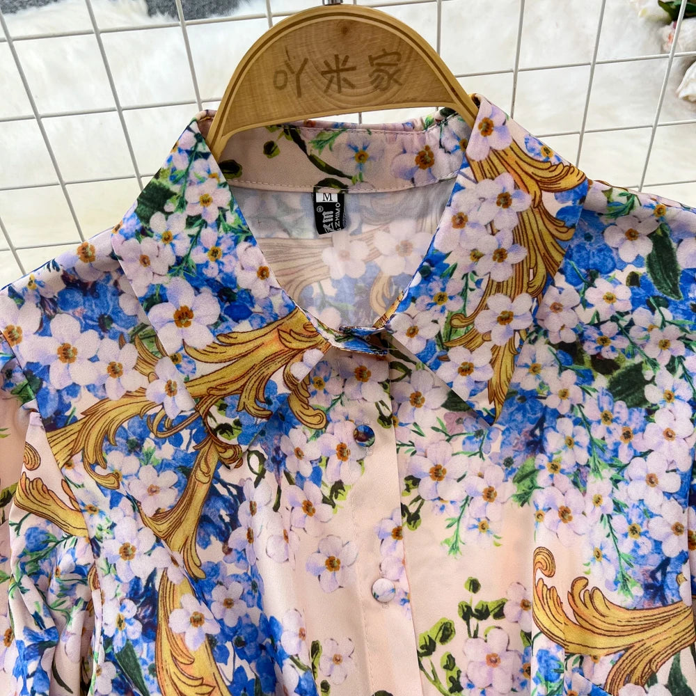 Vintage Print Elegant Lantern Long Sleeve Lapel A-line Dress Casual Women  Fashion Autumn Spring Dress