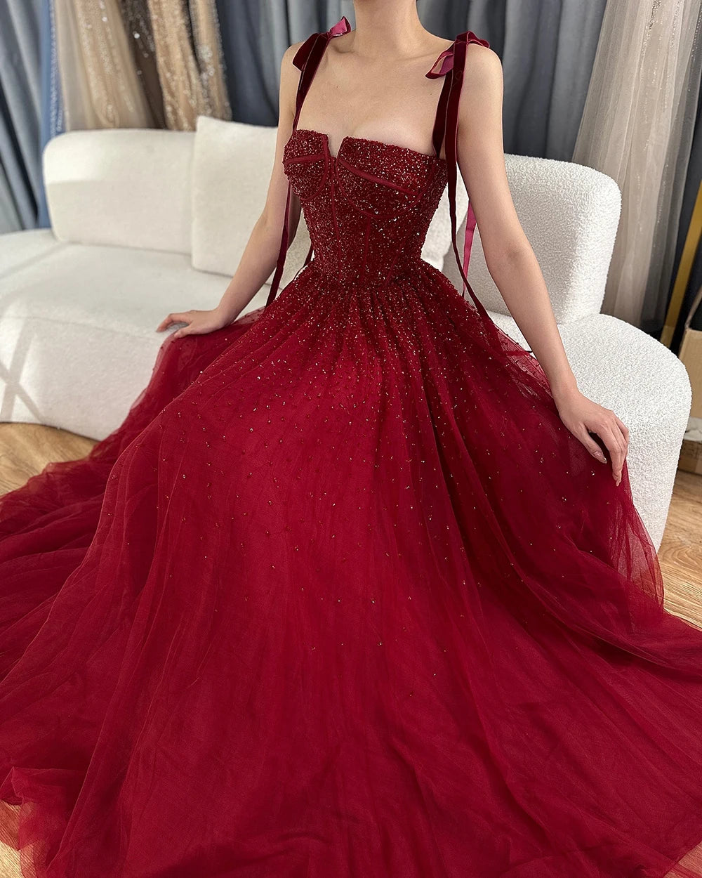 Serene Hill 2024 Saudi Wine Red Beaded Evening Gown Spaghetti Strap A-Line Luxury Floor-Length for Formal Occasion LA70600A