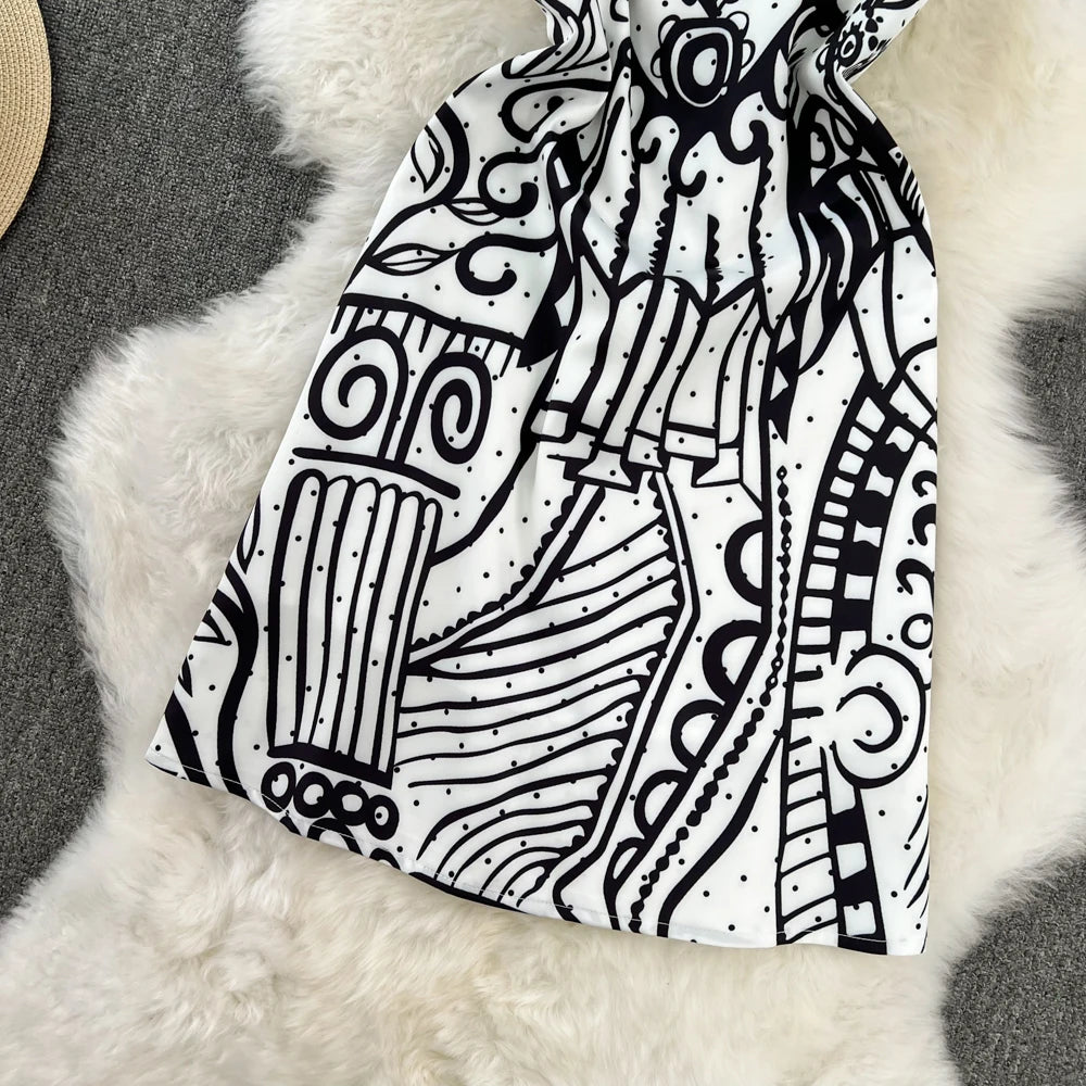 Short Dresses 2023 Fashion Women Clothing Elegant Vintage Print Party Dress Summer Sleeveless Round Neck A Line Mini Dress