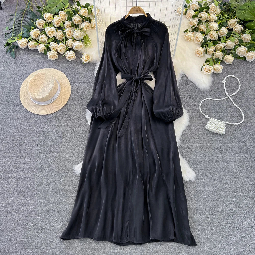 Autumn Elegant Women Fashion Party Long Dress Bow Lace Up Long Sleeve Evening Dresses A-Line Casual Vestidos One Piece Prom Robe
