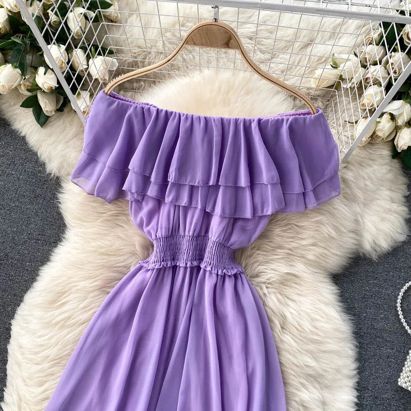 Women Chiffon Beach Dress Sexy Double Layer Ruffled Off The Shoulder Boho Dresses Ladies Sweet Slash Neck Long Dress