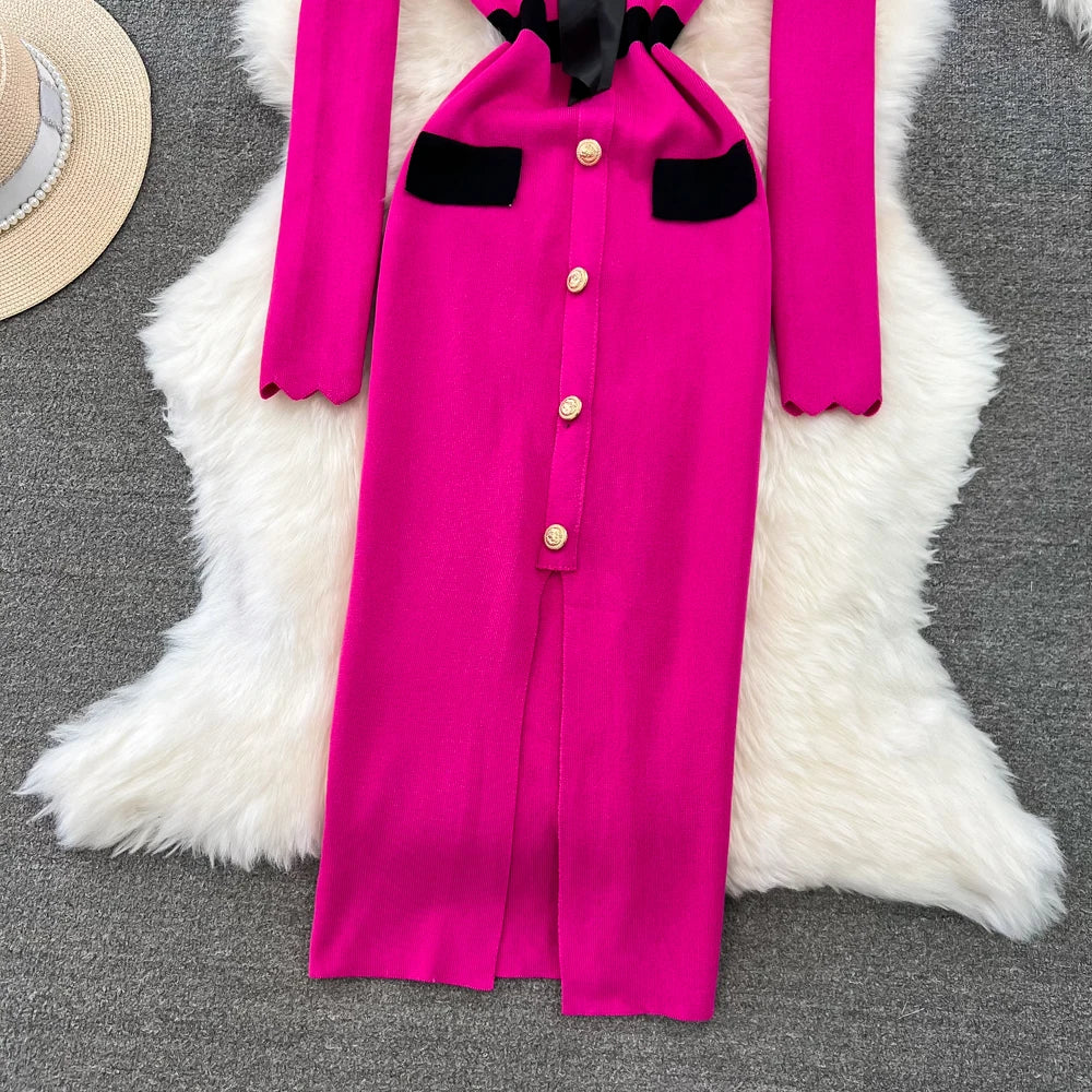 Women Elegant Butterfly Long Sleeve Bodycon V Neck Split Dress Vintage French Slim Knit Tight Vestido Autumn Winter Sweater Robe