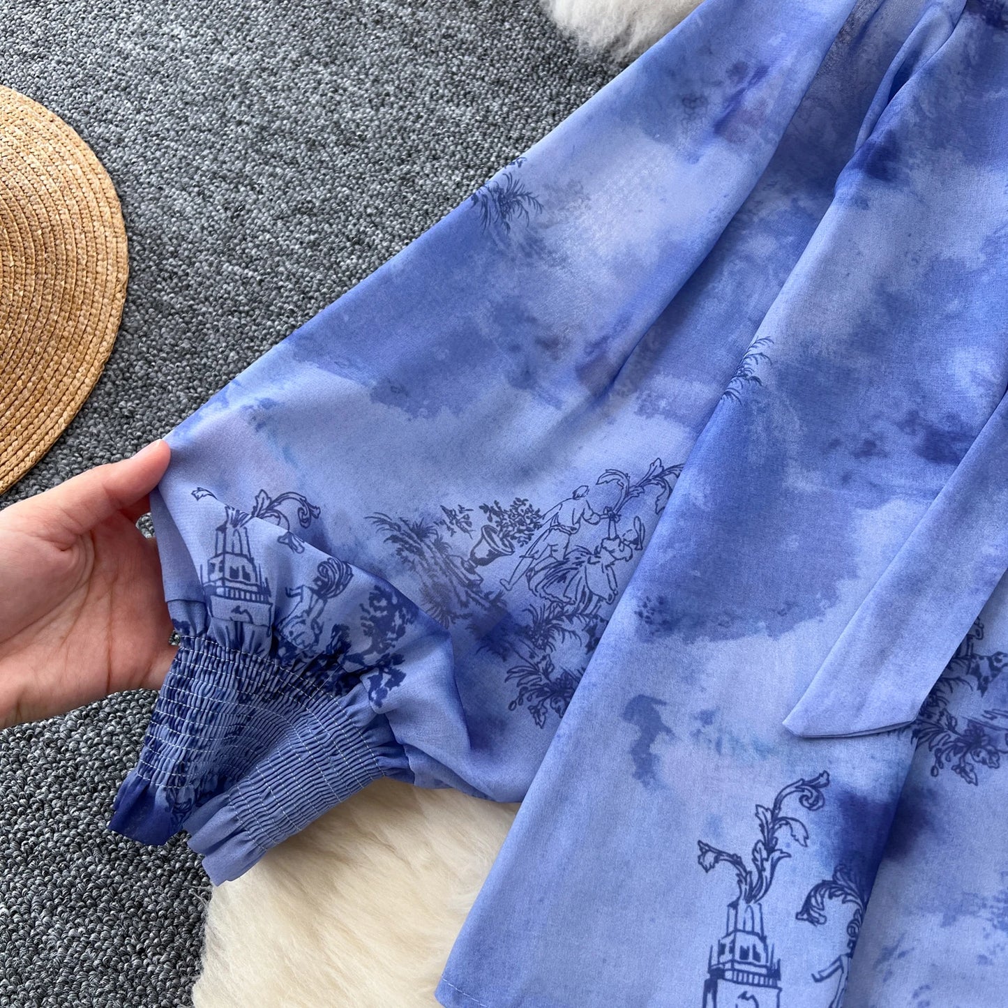 Women Chic Print Sweet Two Pieces Sets Bow Lantern Long Sleeve Top  High Waitst Wide Skirt Fashion Summer Sets