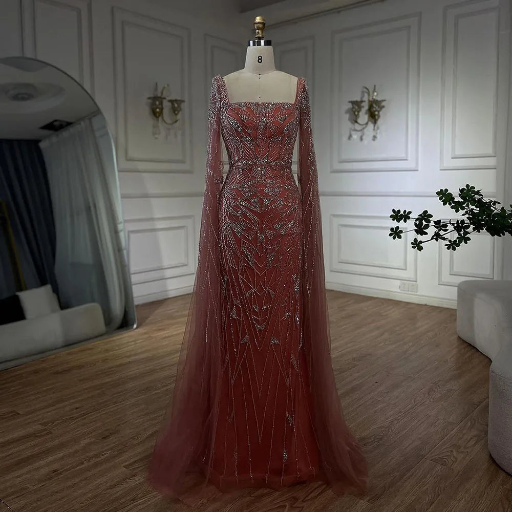Serene Hill Arabic Pink Cape Sleeves Mermaid Dubai Evening Dresses Beaded Luxury Wedding Party Gowns For Women 2024 LA72261