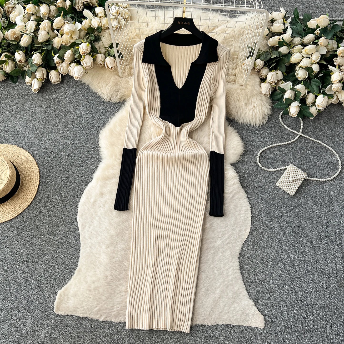 Elegant Polo-neck Long Sleeve Knit Bodycon Pencil Dress Slim Basic Fashion Sweater Vestido Sexy Women Autumn Winter Clothing