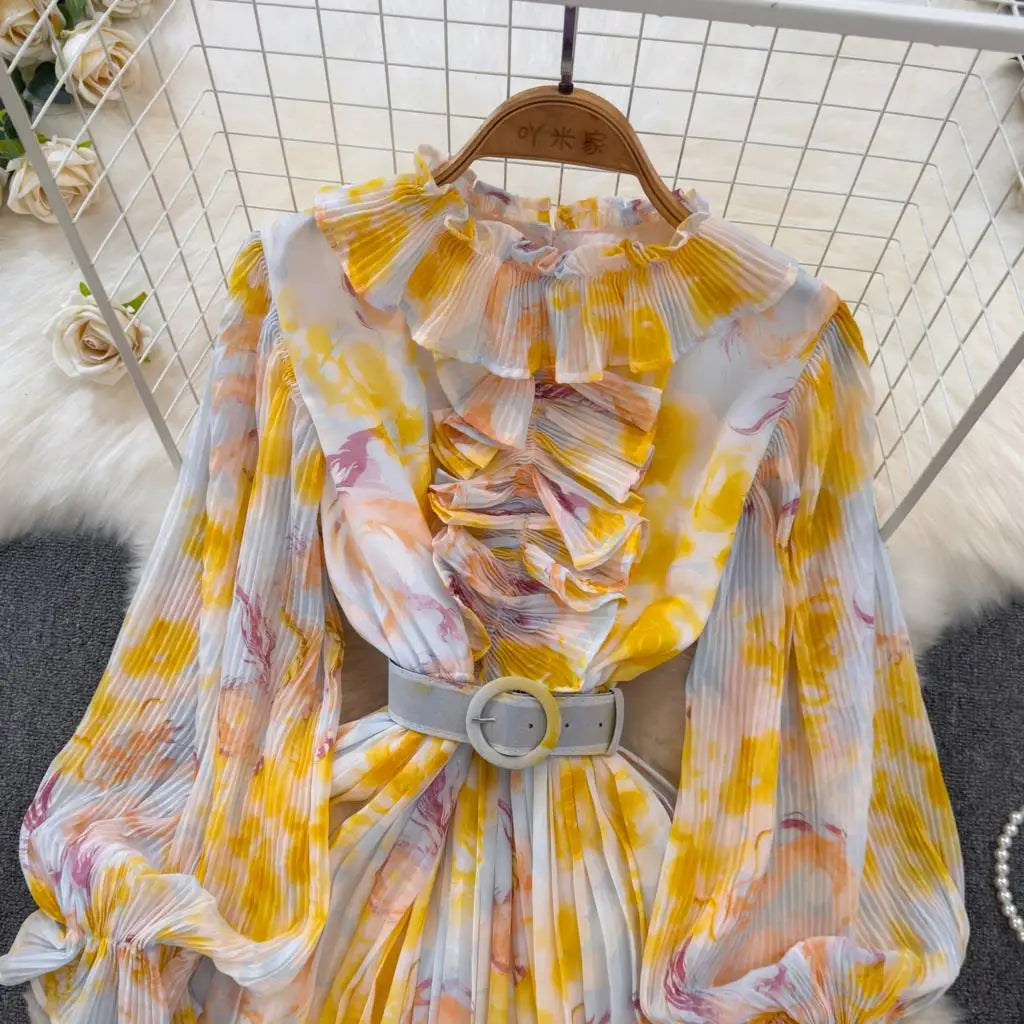 Summer Vintage Casual A-Line Floral Print Women Dress Elegant Chic Pleated Party Prom Vestidos with Belted Female Long Robe