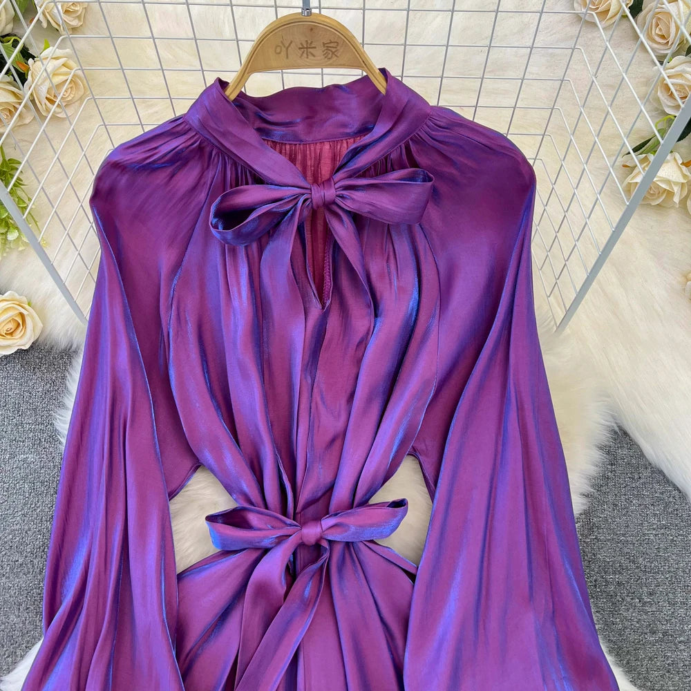 Autumn Elegant Women Fashion Party Long Dress Bow Lace Up Long Sleeve Evening Dresses A-Line Casual Vestidos One Piece Prom Robe