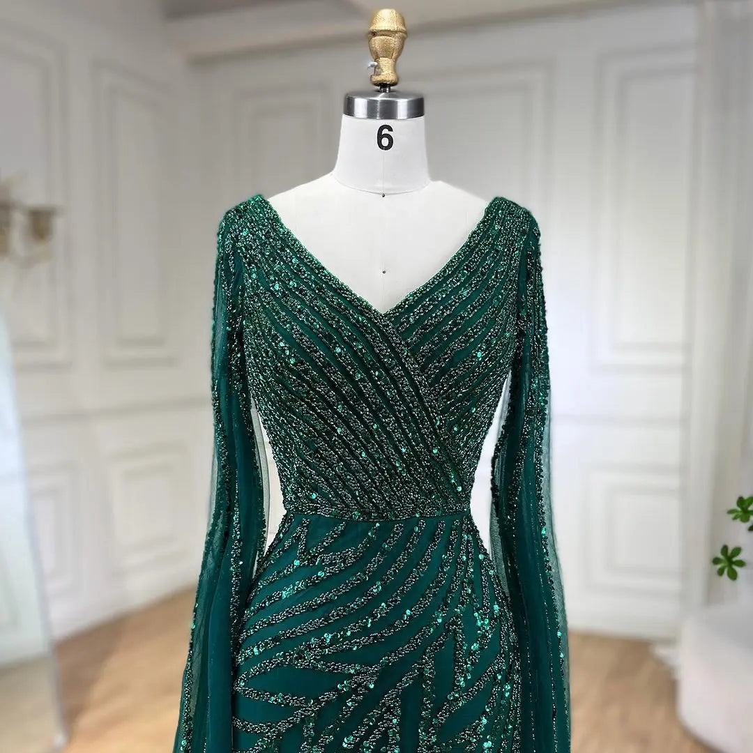 SERENE HILL 2024 Arabic Dubai Caramel Mermaid Luxury Beaded Evening Dresses Cape Sleeves Gowns For Women Wedding Party GLA71493A