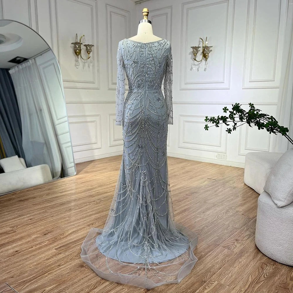 Serene Hill Luxury Dubai Green Mermaid Elegant Crystal Beaded Arabic Evening Dresses Gowns For Women Wedding Party 2023 BLA72242