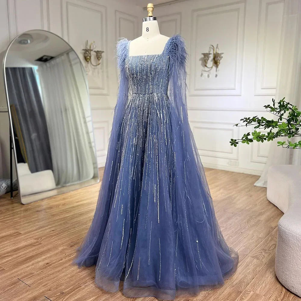 Serene Hill Luxury Dubai A Line Blue Cape Sleeves Feathers Beaded Evening Dresses Gowns 2023 For Women Wedding Party BLA72236