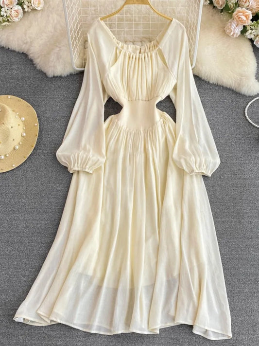 Elegant Sweet Princess Party Dress Women High Waist A-Line Lace Up Autumn French Vintage Prom Robe One Piece Vestidos Mujer New