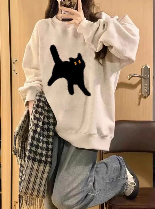 2024 Spring Autumn Unisex Cartoon Cat Printed Pullover Round Neck Long Sleeved baggey Pullovers Casual Cute Couple Street Top