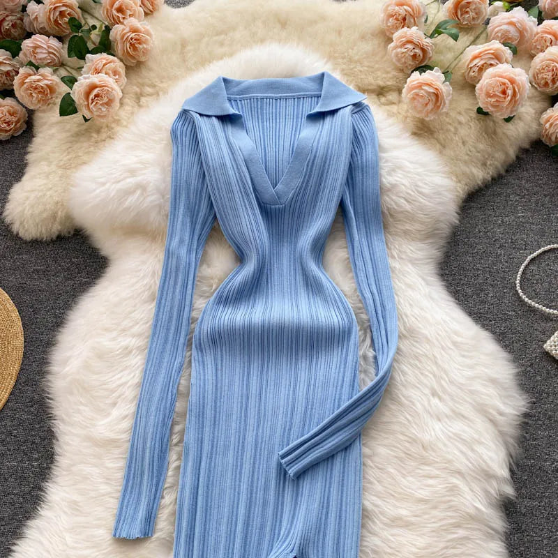 Women Chic Elegant Long Sleeve Split Bodycon Midi Dress Sexy French Fashion Knit Wrap Vestidos Elastic Slim Pencil Sweater Dress