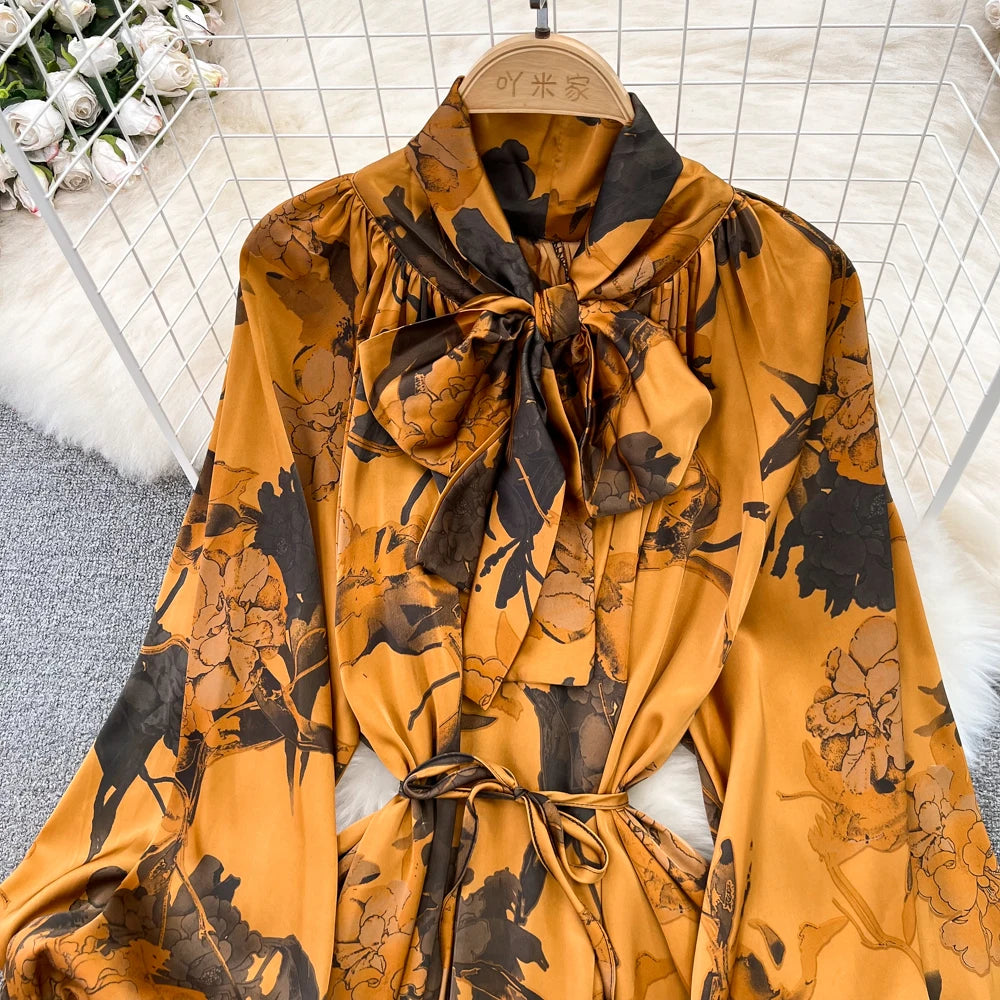 Elegant Casual A-Line Vintage Ruffle Print Long Dress Autumn Lantern Sleeve Party Boho Dresses Beach Holiday Female Vestidos
