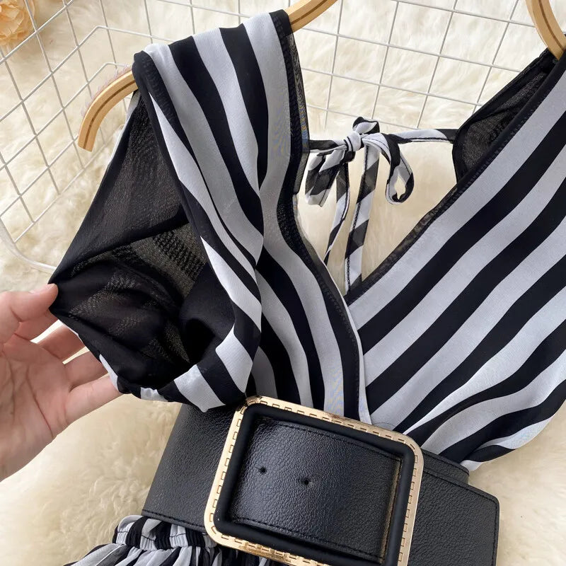 Women Chiffon Striped Jumpsuits Summer Sexy V-neck Sleeveless Elegant Wide-leg Long Pants Playsuits Ladies Dot Romper Overall