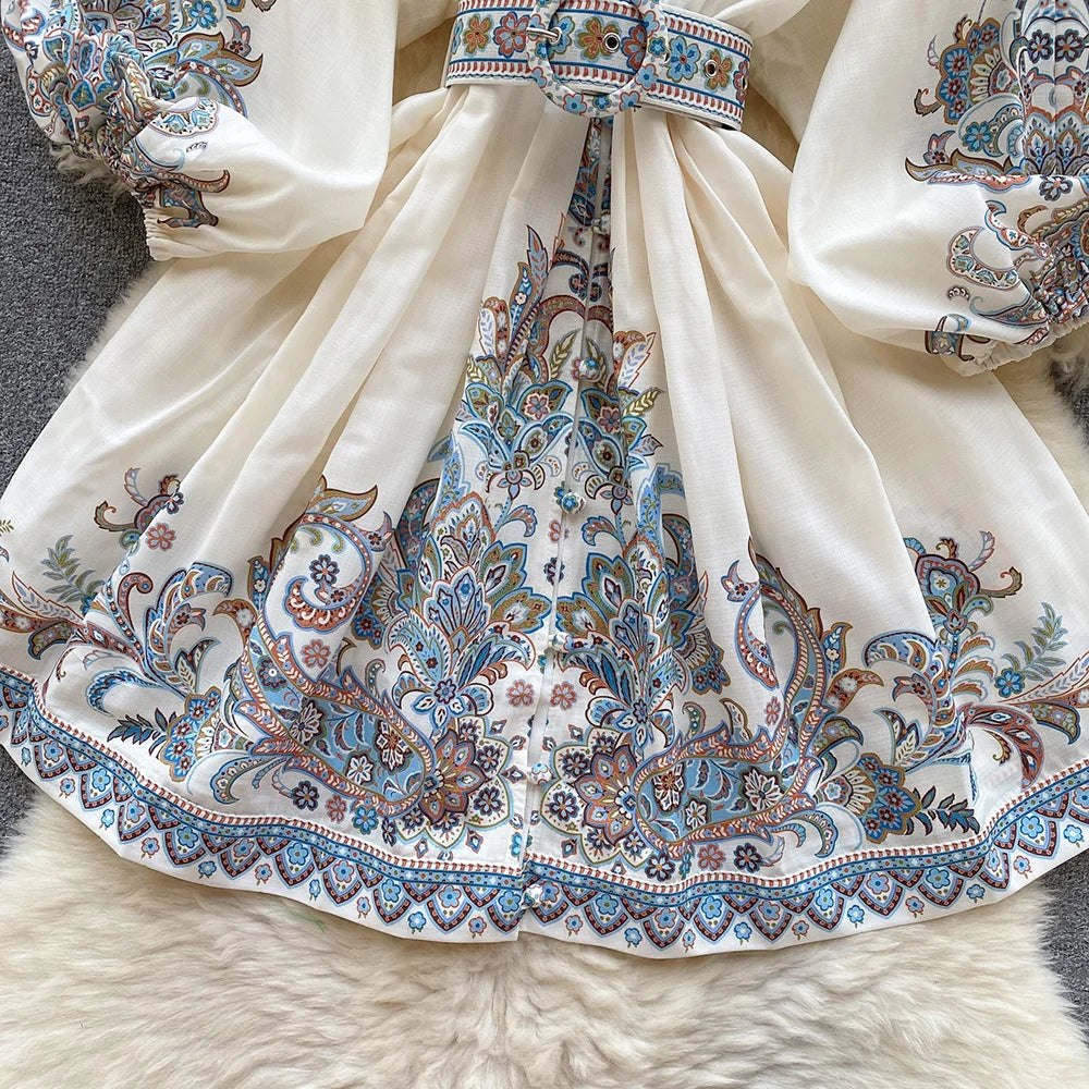 Bohemian Dresses For Women 2024 V Neck 3/4 Sleeve Spring Summer Vacation Mini Dress With Belt Boho Vintage Paisley Print Dress