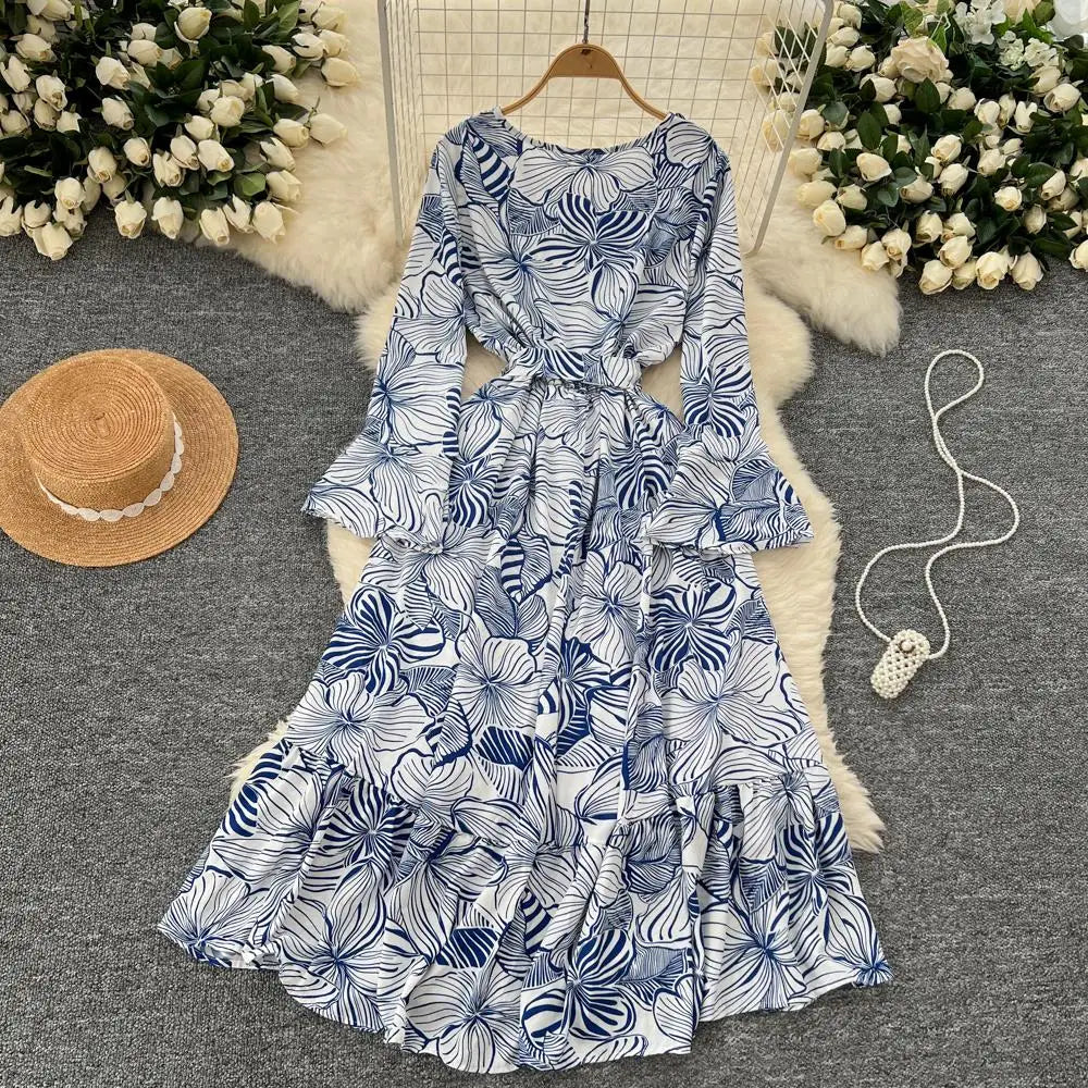 Women Vintage Print Dress for Women Autumn Flare Long Sleeves Lace Up Ruffles Slim Waist Evening Party Dresses A-Line Vestidos