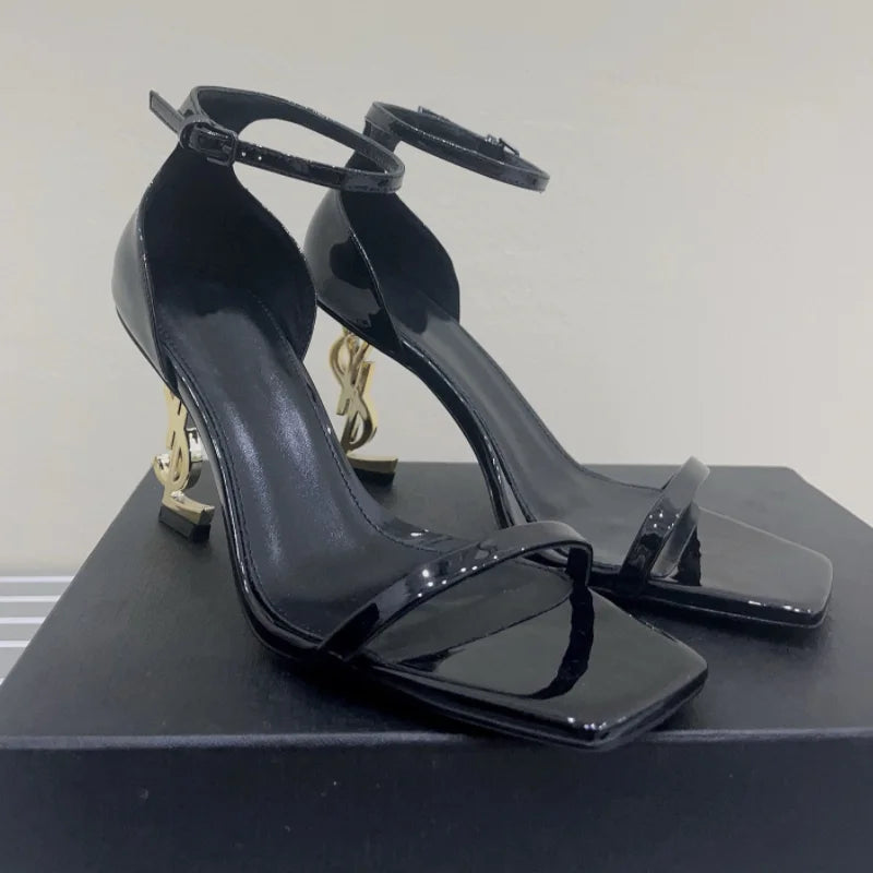 High quality one-line sandals women 2024 new European and American black patent leather sexy letter heels women