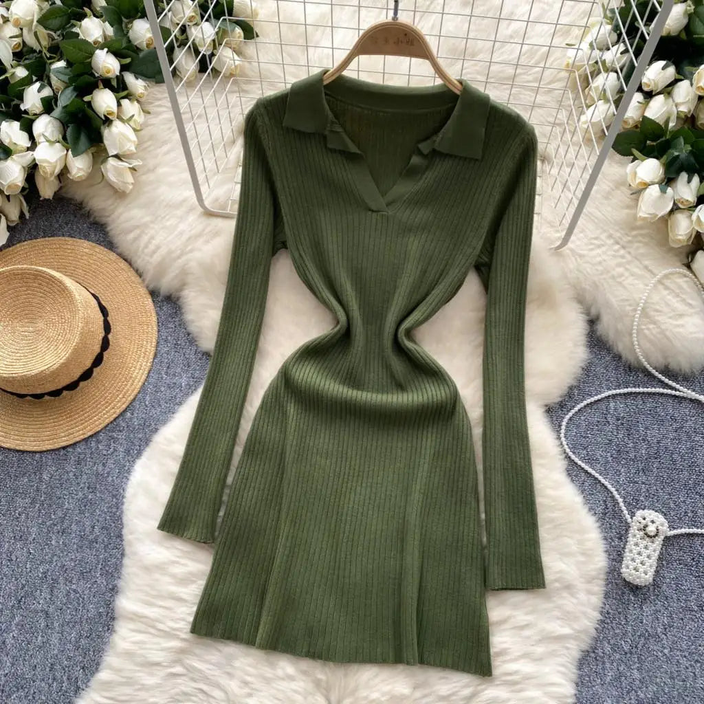 Y2k French Vintage Knitted Dress for Women Autumn Bodycon V-neck Long Sleeved Solid Simplicity Fashion Causal A-line Dresses