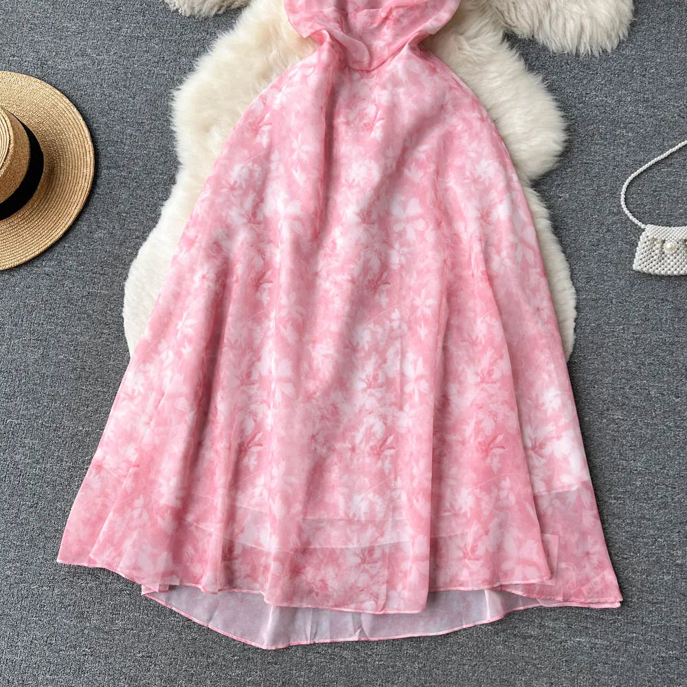 Women Pink Beach Dress Summer Sleeveless Hollow Out High Waist A-line Floral Printing Chiffon Dresses Ladies Casual Long Robe