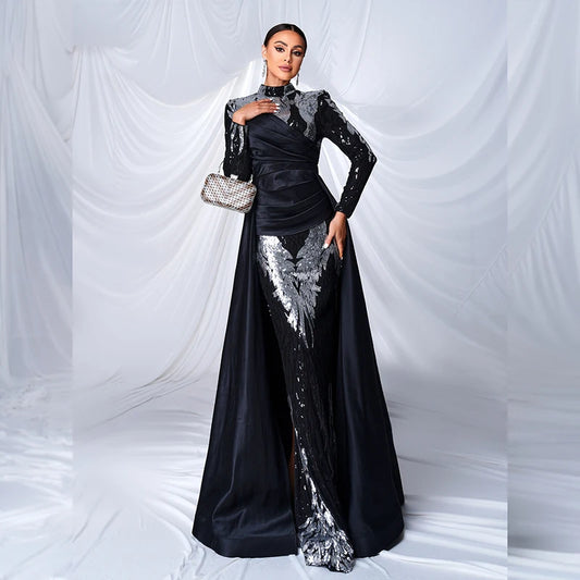 Women Performance dress Long Sleeve O Neck Black Silver Sequins Ball Gown Cocktail Prom Formal Occasion Dresses
