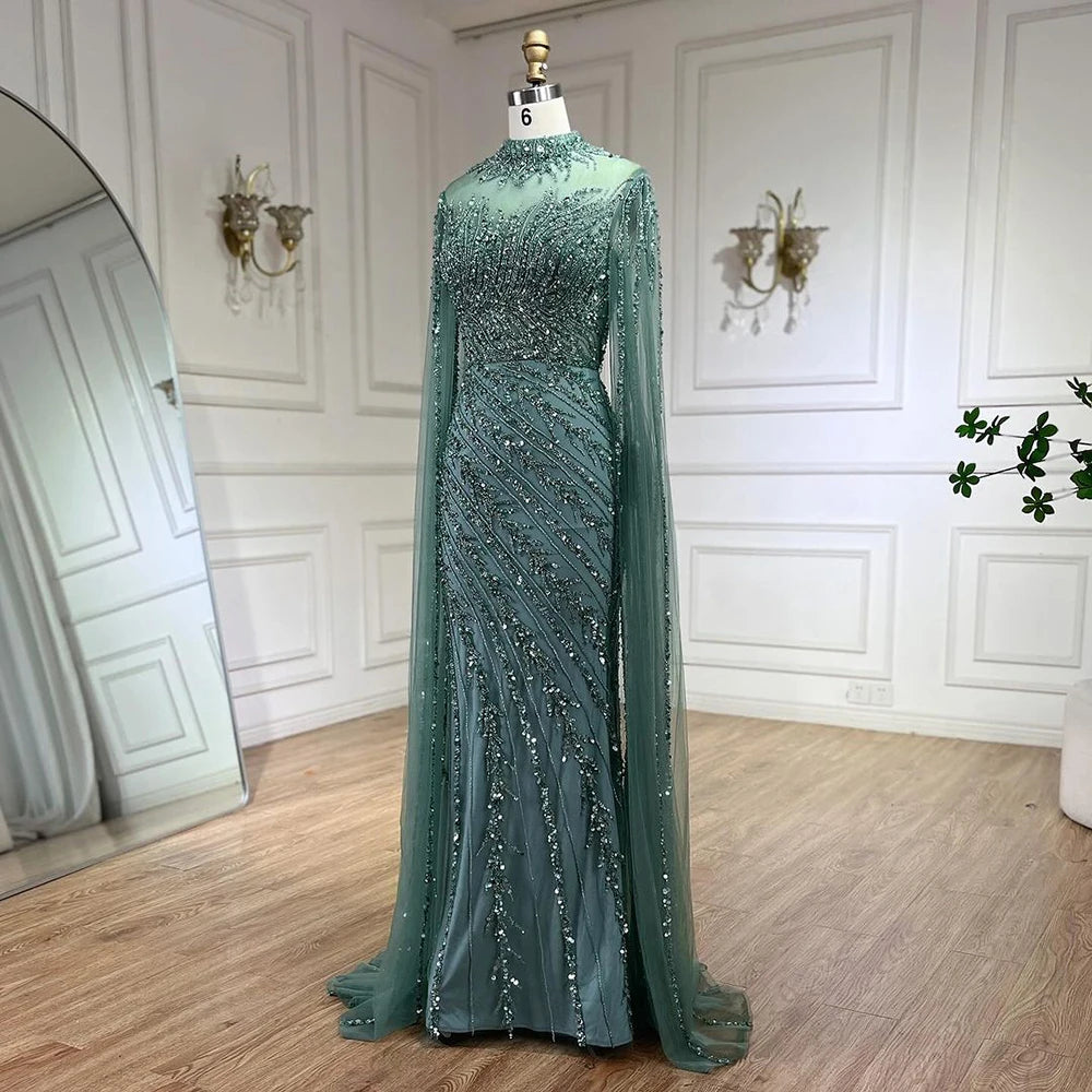 Serene Hill 2024 Nude Cape Sleeves Mermaid Lace Beaded Luxury Dubai Long Evening Dresses Gowns for Women Wedding Party BLA71885A