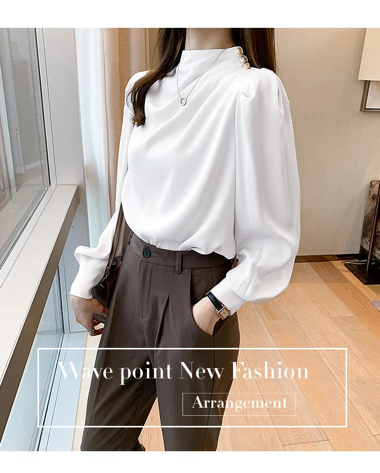 Autumn New Women's Style Stand up Collar Pleated Long Sleeve Top Fashion Lantern Sleeve Loose Elegant Solid Color Shirt Blouse