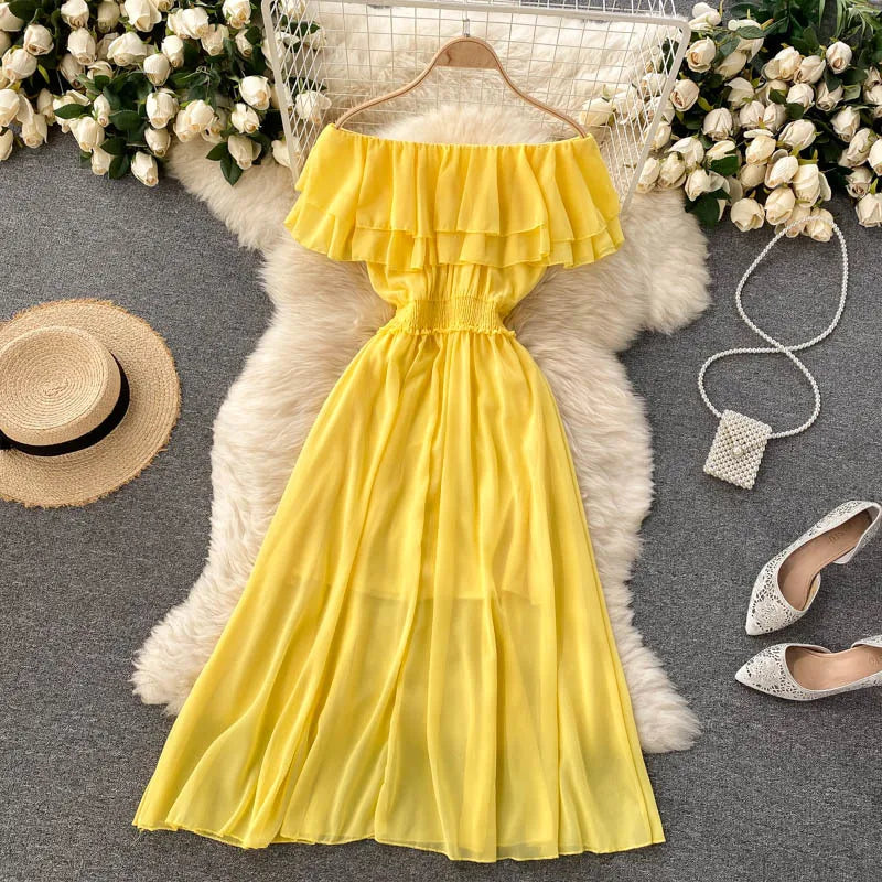 Women Chiffon Beach Dress Sexy Double Layer Ruffled Off The Shoulder Boho Dresses Ladies Sweet Slash Neck Long Dress