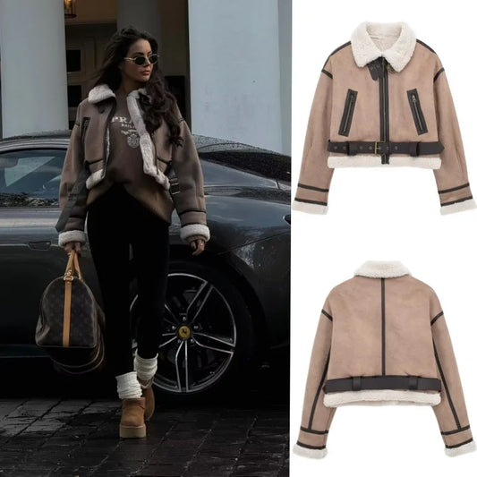 2024 TRAF New synthetic sheepskin women's Coat Thickened thermal bomber Jacket Y2K lapel vintage winter fashion