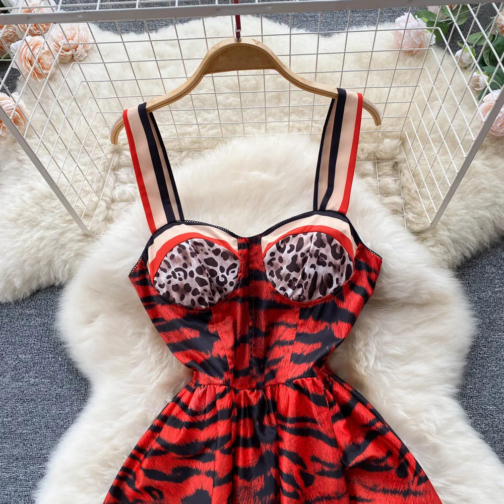 Women Vintage Party Dress Summer Leopard Print Three-dimensional Midi Dresses Ladies Elegant A Line High Waist Long Robe