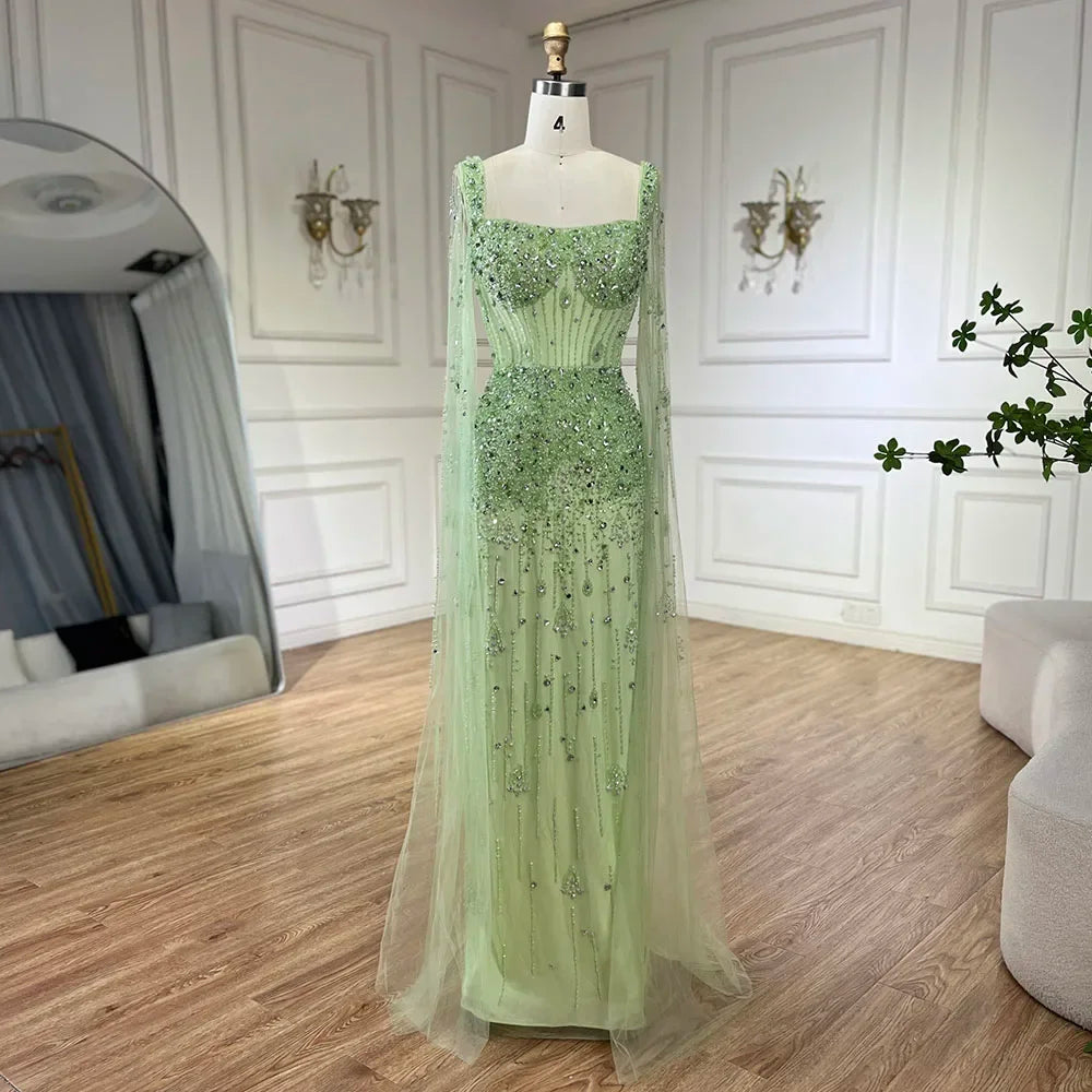 Serene Hill Arabic Gray Mermaid Beaded Luxury Dubai Long Evening Gown with Cape Sleeves Elegant for Women - Party 2024 BLA72592