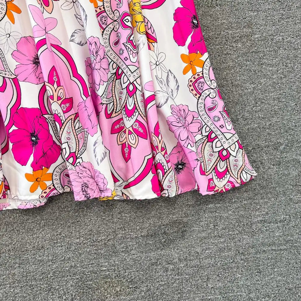 Elegant Women Casual Floral Print Party Dress Vintage Lantern Sleeve A-Line Pleated Prom Birthday Clothes Female Fashion Robe