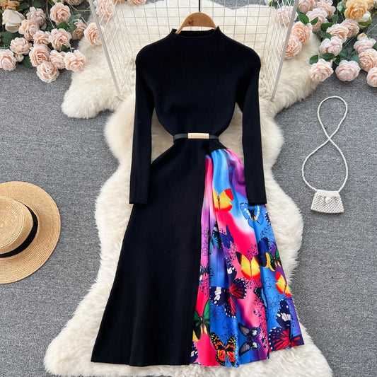 Elegant Chic Print Patchwork Knit Dress French Long Sleeve Party A-line Vestidos High Waist Basic Slim Women Autumn Winter Dress