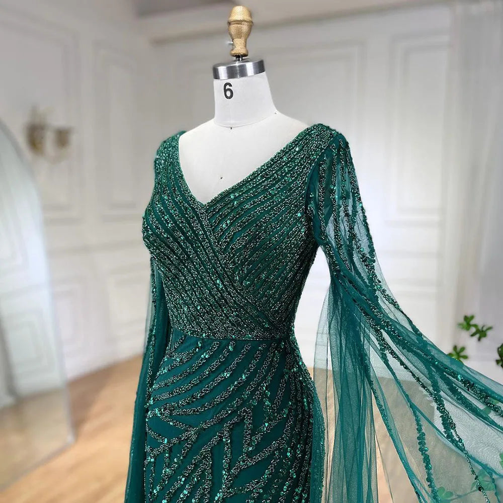 SERENE HILL 2024 Arabic Dubai Caramel Mermaid Luxury Beaded Evening Dresses Cape Sleeves Gowns For Women Wedding Party GLA71493A
